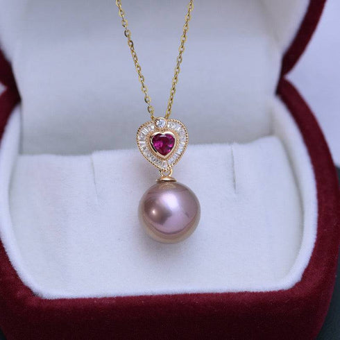 11-12mm Freshwater Pearl & Red Gem Heart Necklace - House Of Pearls
